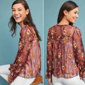 Anthropologie Floral Sheer Blouse - Burgundy and Pink